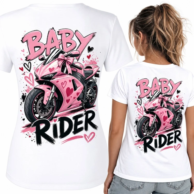 Koszulka damska „Baby Rider” z różowym ścigaczem dla motocyklistki - duży nadruk na plecach