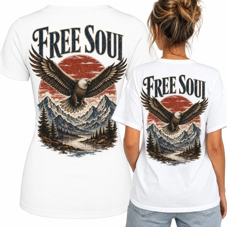 Koszulka damska z orłem nad górami „Free Soul” - duży nadruk na plecach