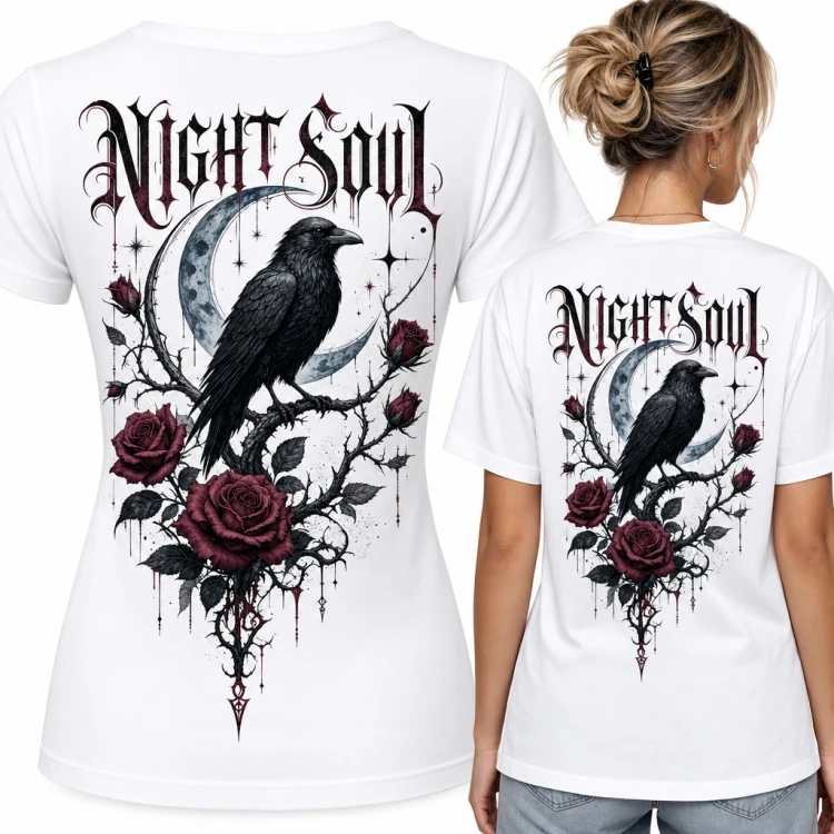 Koszulka damska „Night Soul” z krukiem na księżycu i różami - duży nadruk na plecach