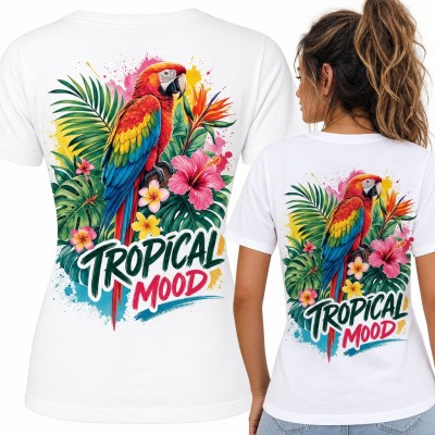 Koszulka damska z papugą ara i kwiatami hibiskusa „Tropical mood” - duży nadruk na plecach