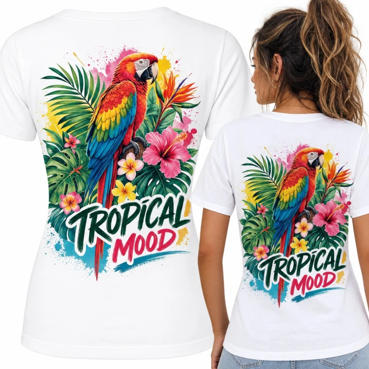 Koszulka damska z papugą ara i kwiatami hibiskusa „Tropical mood” - duży nadruk na plecach