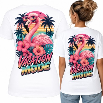 Koszulka damska z flamingiem w okularach „Vacation Mode” - duży nadruk na plecach