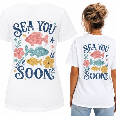 Koszulka damska „Sea you soon” - kolorowe rybki i hibiskusy, duży nadruk na plecach