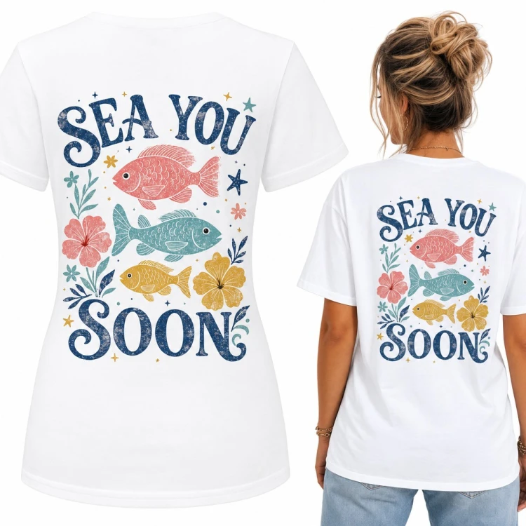 Koszulka damska „Sea you soon” - kolorowe rybki i hibiskusy, duży nadruk na plecach