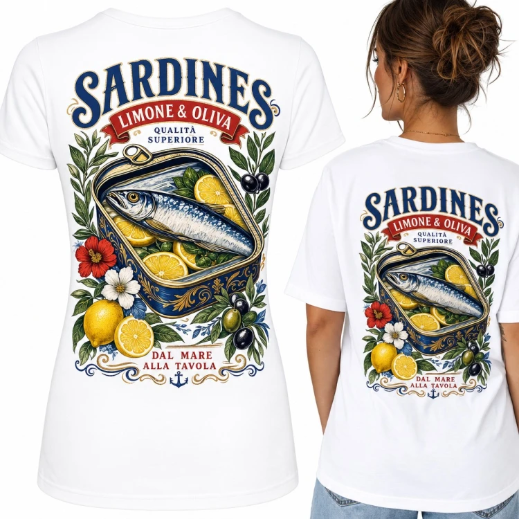Koszulka damska retro puszka sardynek z cytrynami „Sardines limone & oliva” - duży nadruk na plecach