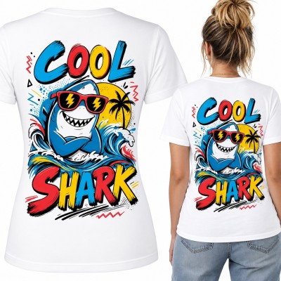 Koszulka damska z rekinem w okularach „Cool Shark” na fali - duży nadruk na plecach