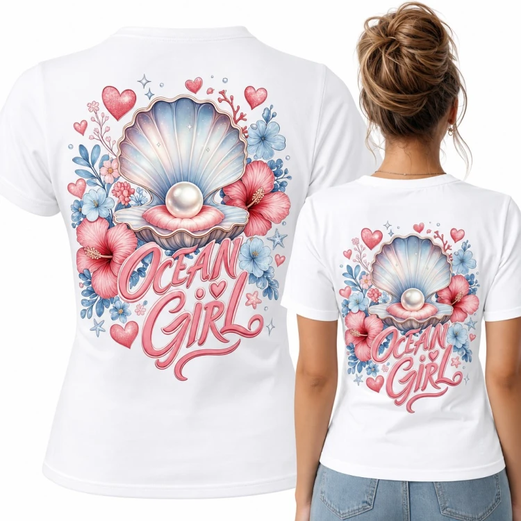 Koszulka damska „Ocean Girl” z muszlą i perłą wśród hibiskusów - duży nadruk na plecach