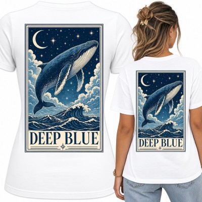 Koszulka damska humbak nad oceanem „Deep Blue” - duży nadruk na plecach