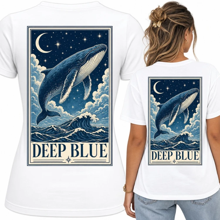 Koszulka damska humbak nad oceanem „Deep Blue” - duży nadruk na plecach