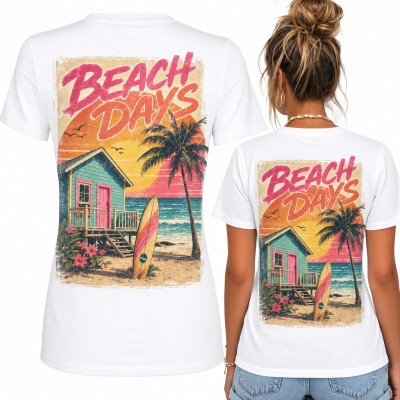 Koszulka damska „Beach days” z domkiem na plaży i deską surfingową - duży nadruk na plecach