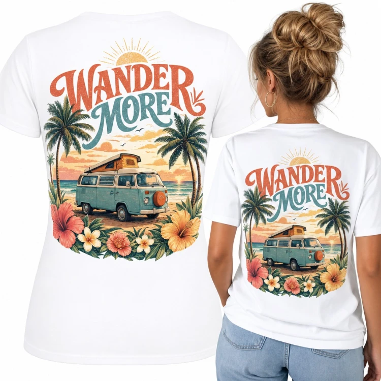 Koszulka damska „Wander more” z retro kamperem na tropikalnej plaży - duży nadruk na plecach