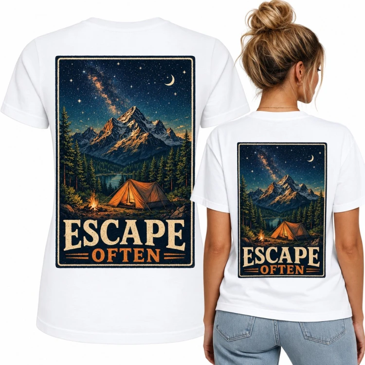 Koszulka damska „Escape often” - namiot i ognisko pod gwiazdami w górach - duży nadruk na plecach