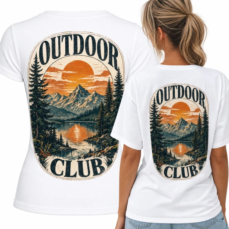 Koszulka damska „Outdoor Club” - góry, jezioro i zachód słońca - duży nadruk na plecach