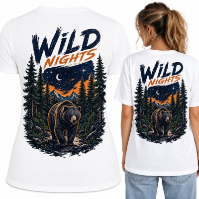 Koszulka damska „Wild nights” z niedźwiedziem w nocnym lesie - duży nadruk na plecach
