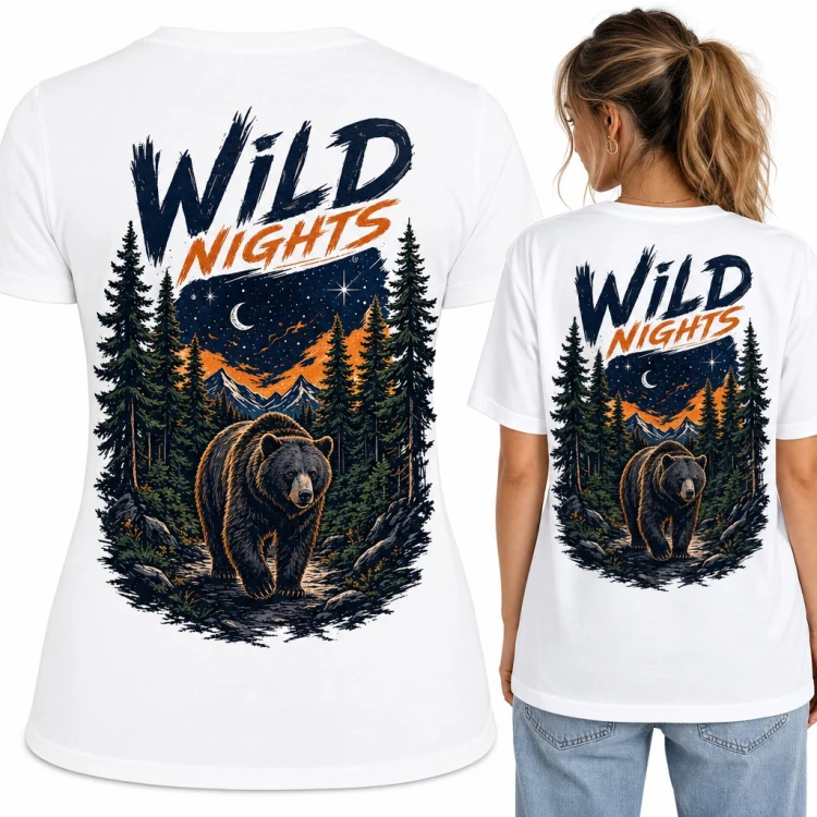 Koszulka damska „Wild nights” z niedźwiedziem w nocnym lesie - duży nadruk na plecach