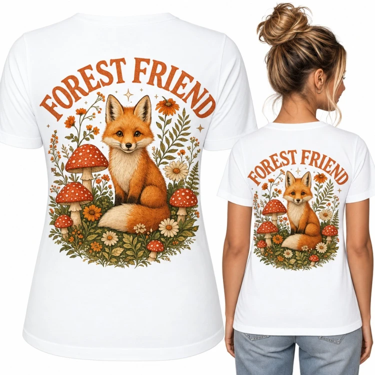 Koszulka damska „Forest friend” z liskiem i muchomorami - duży nadruk na plecach