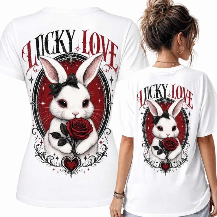 Koszulka damska „Lucky Love” z króliczkiem i czerwoną różą w gotyckiej ramce - duży nadruk na plecach