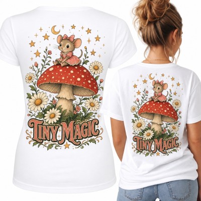 Koszulka damska „Tiny Magic” - myszka na muchomorze, duży nadruk na plecach