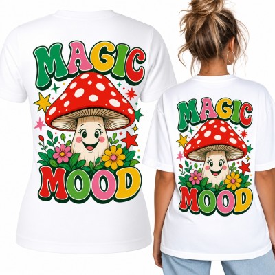 Koszulka damska „Magic mood” z uśmiechniętym muchomorem - duży nadruk na plecach