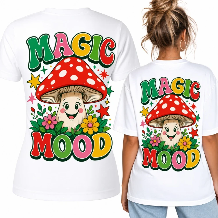Koszulka damska „Magic mood” z uśmiechniętym muchomorem - duży nadruk na plecach
