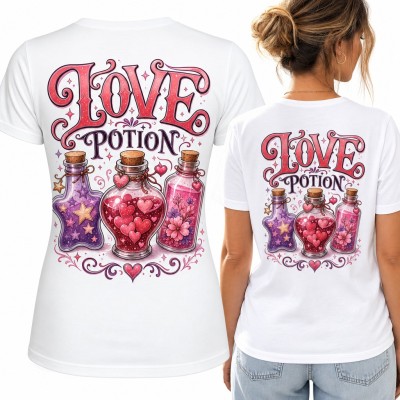 Koszulka damska „Love Potion” - eliksir miłości w buteleczkach z sercami - duży nadruk na plecach