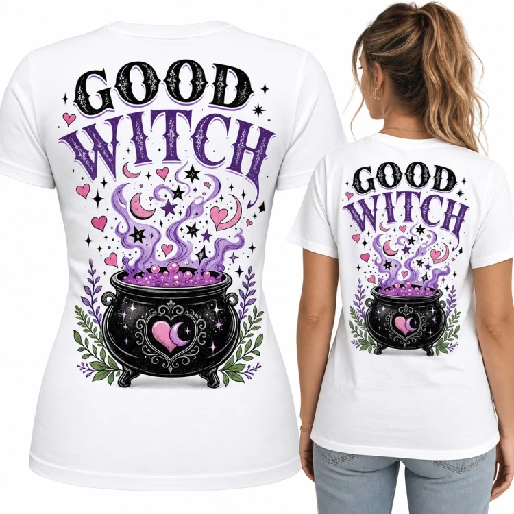 Koszulka damska „Good Witch” z kotłem czarownicy - duży nadruk na plecach