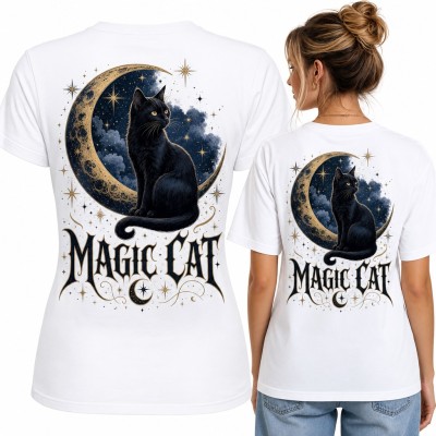 Koszulka damska z czarnym kotem na księżycu „Magic Cat” - duży nadruk na plecach