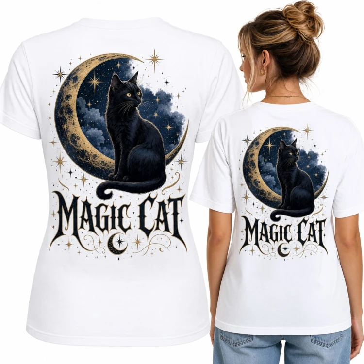 Koszulka damska z czarnym kotem na księżycu „Magic Cat” - duży nadruk na plecach