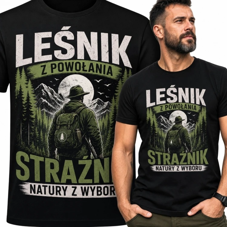 Koszulka męska dla leśnika z górskim lasem „Leśnik z powołania - strażnik natury z wyboru”