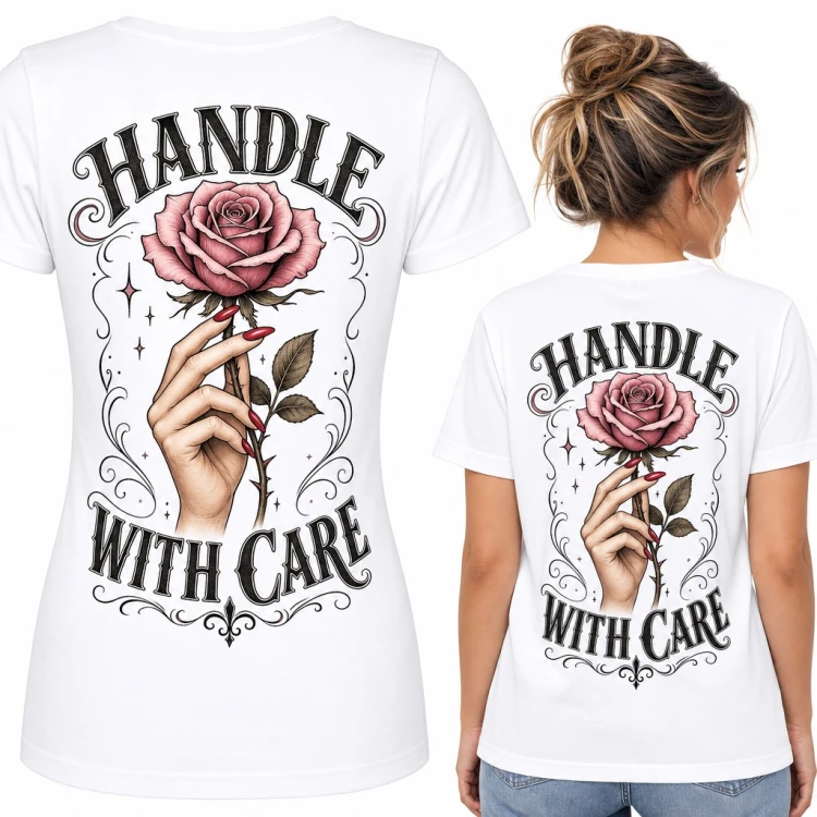 Koszulka damska „Handle with care” z różą w dłoni - duży nadruk na plecach