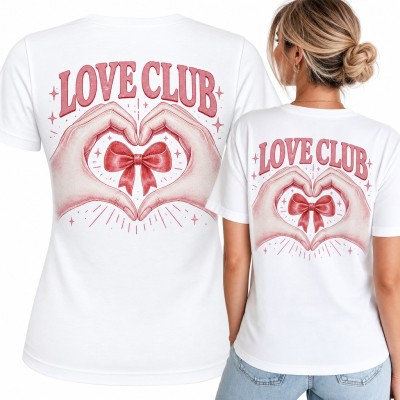 Koszulka damska „Love Club” - dłonie w kształcie serca z kokardą - duży nadruk na plecach