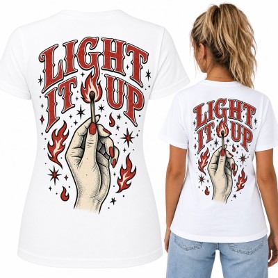 Koszulka damska „Light it up” - dłoń z płonącą zapałką w stylu tattoo - duży nadruk na plecach