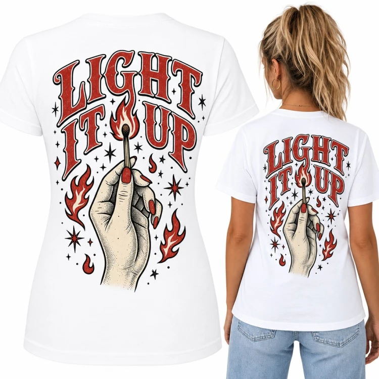 Koszulka damska „Light it up” - dłoń z płonącą zapałką w stylu tattoo - duży nadruk na plecach