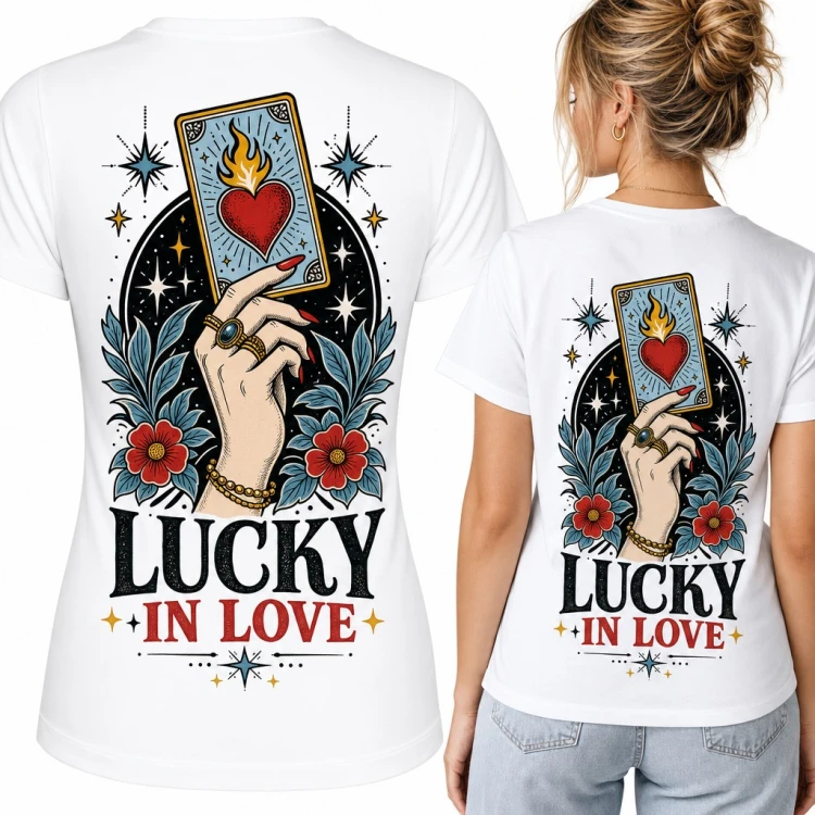 Koszulka damska z kartą tarota i płonącym sercem „Lucky in love” - duży nadruk na plecach