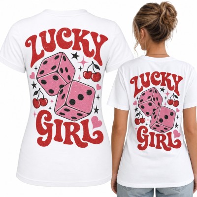 Koszulka damska „Lucky girl” z różowymi kośćmi do gry i wiśniami - duży nadruk na plecach
