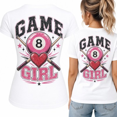 Koszulka damska bilard „Game girl” z różową bilą 8 i sercem - duży nadruk na plecach