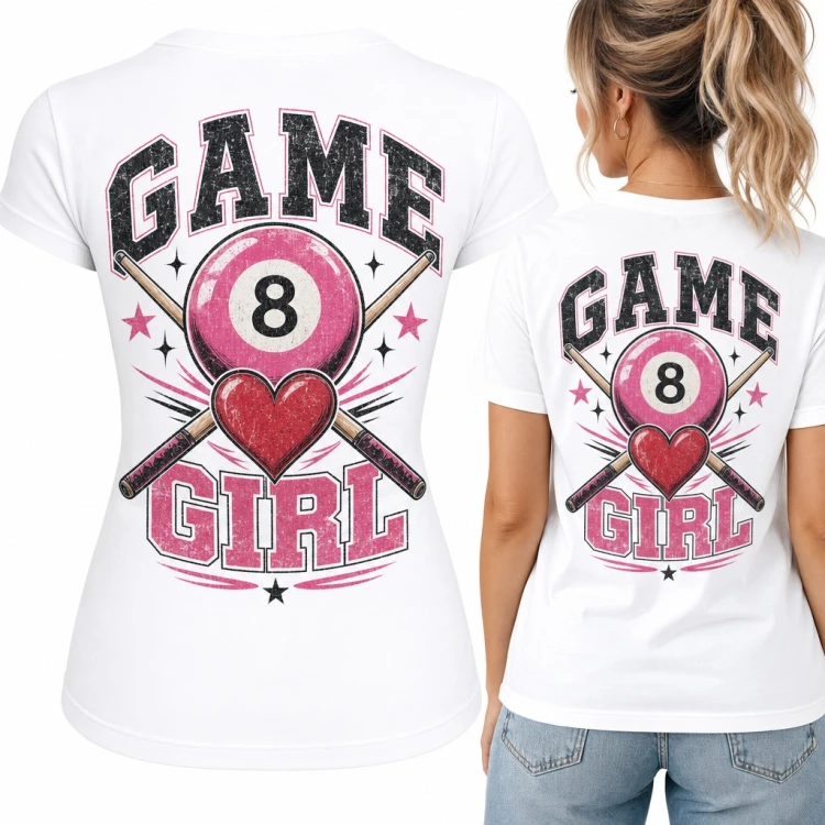 Koszulka damska bilard „Game girl” z różową bilą 8 i sercem - duży nadruk na plecach