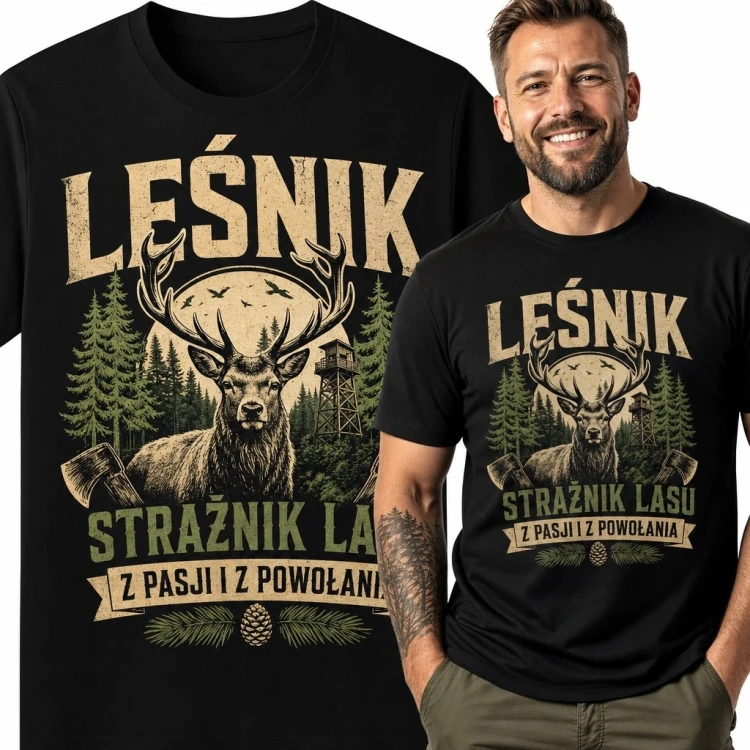 Koszulka męska dla leśnika z jeleniem „Leśnik - strażnik lasu”