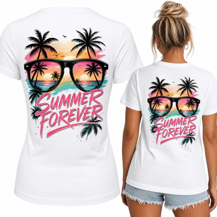 Koszulka damska „Summer forever” - okulary z odbiciem plaży i palm - duży nadruk na plecach