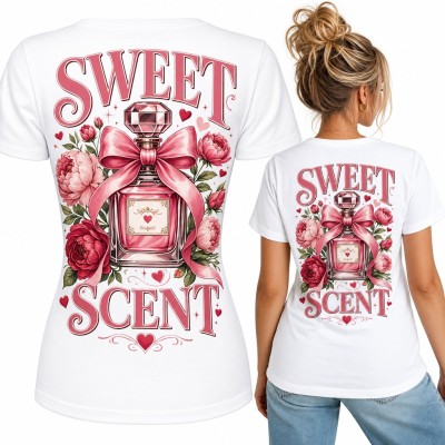 Koszulka damska „Sweet scent” z flakonem perfum i kokardą - duży nadruk na plecach