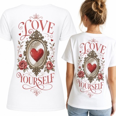 Koszulka damska „Love yourself” z sercem w lustrze i różami - duży nadruk na plecach