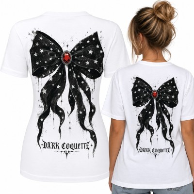 Koszulka damska „Dark Coquette” z gotycką kokardą w gwiazdy - duży nadruk na plecach