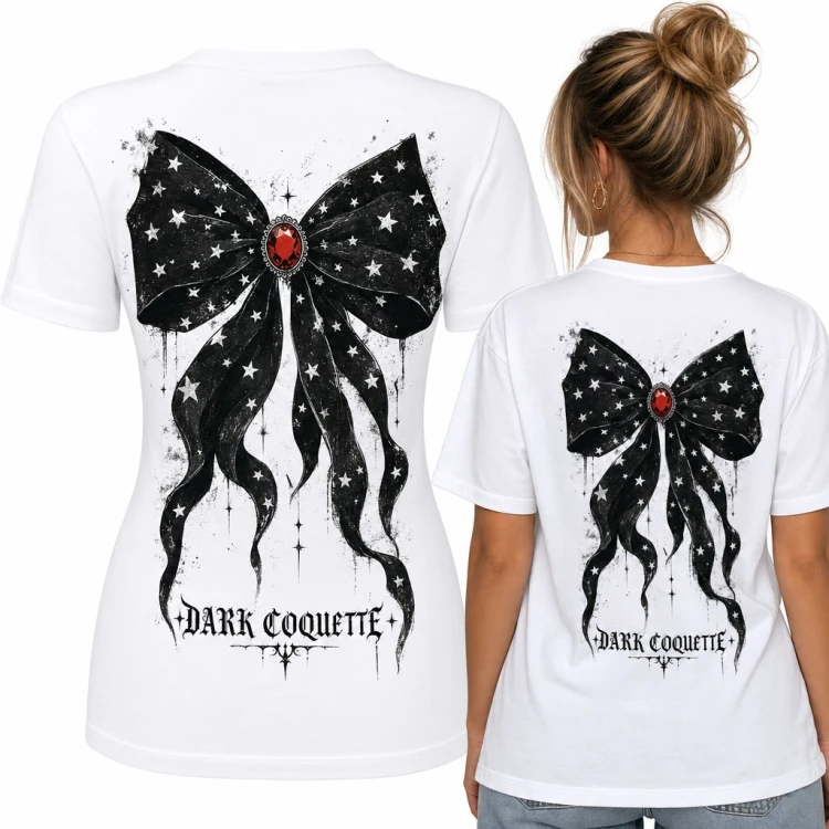 Koszulka damska „Dark Coquette” z gotycką kokardą w gwiazdy - duży nadruk na plecach