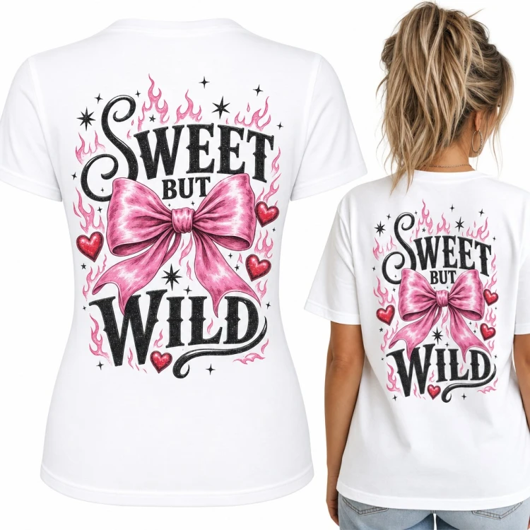 Koszulka damska z różową kokardą i napisem „Sweet but wild” w płomieniach - duży nadruk na plecach