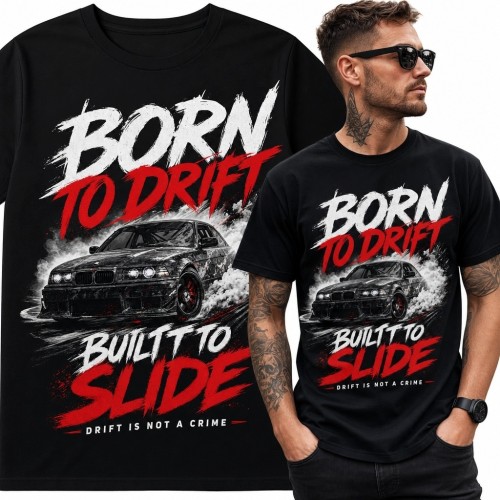 Koszulka męska driftingowa z autem w poślizgu „Born to Drift” - motoryzacyjny nadruk