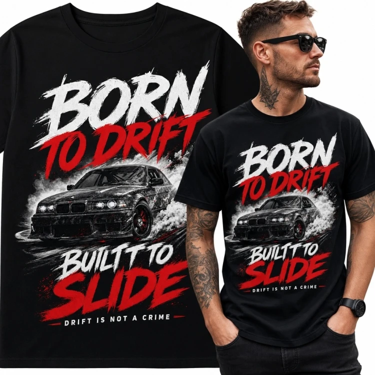 Koszulka męska driftingowa z autem w poślizgu „Born to Drift” - motoryzacyjny nadruk