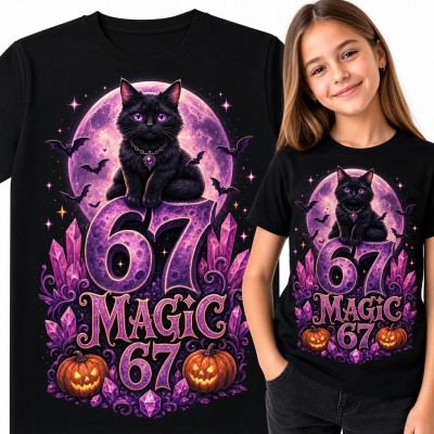 Koszulka dziewczęca „67 Magic 67” - czarny kot na księżycu i dynie Halloween