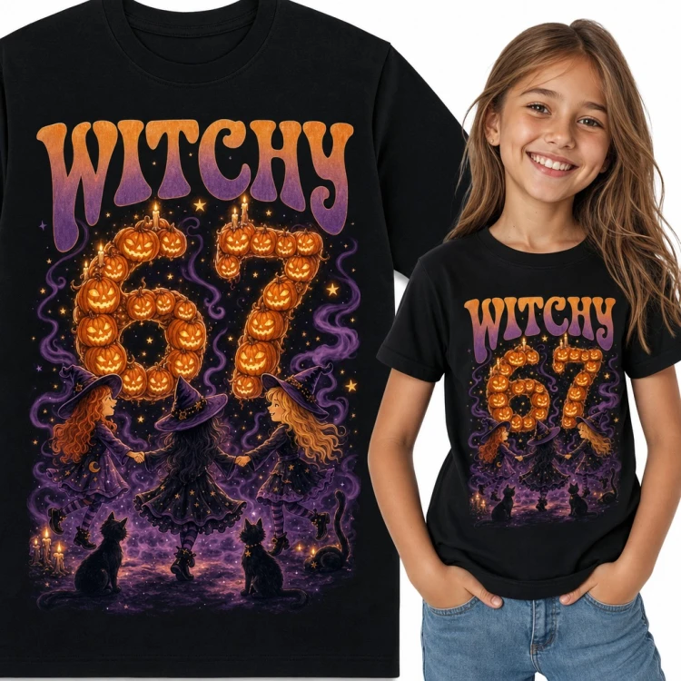 Koszulka dziewczęca „Witchy 67” - halloweenowy mem z dyniami i czarownicami