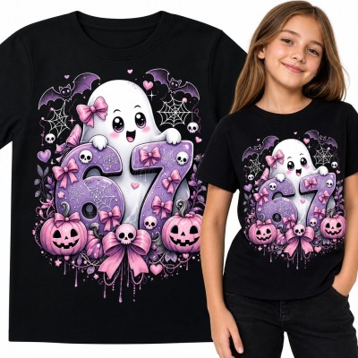 Koszulka dziewczęca „67” z duszkiem i dyniami - mem Six Seven w stylu Halloween