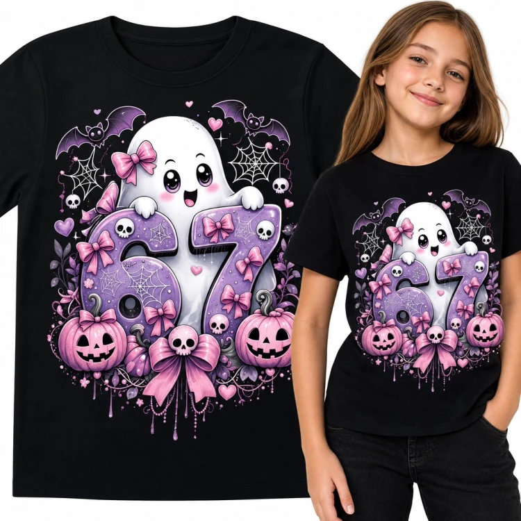 Koszulka dziewczęca „67” z duszkiem i dyniami - mem Six Seven w stylu Halloween